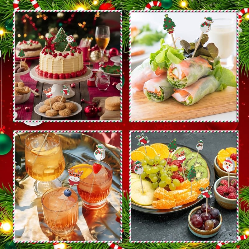 Bekeify Karácsonyi Koktélpálcika Szett - 200db 12cm Bambusz Előételpálcika 5 Stílusban, Fa Dekorációs Pálcikák Desszerthez, Gyümölcshöz