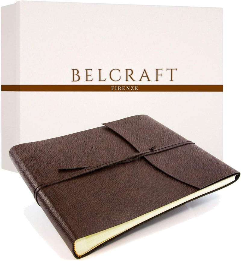 BELCRAFT Tivoli A4 Fotóalbum 25x32 cm Újrahasznosított Bőr Fekvő Formátum Barna Klasszikus Olasz Stílus Ajándékdobozzal