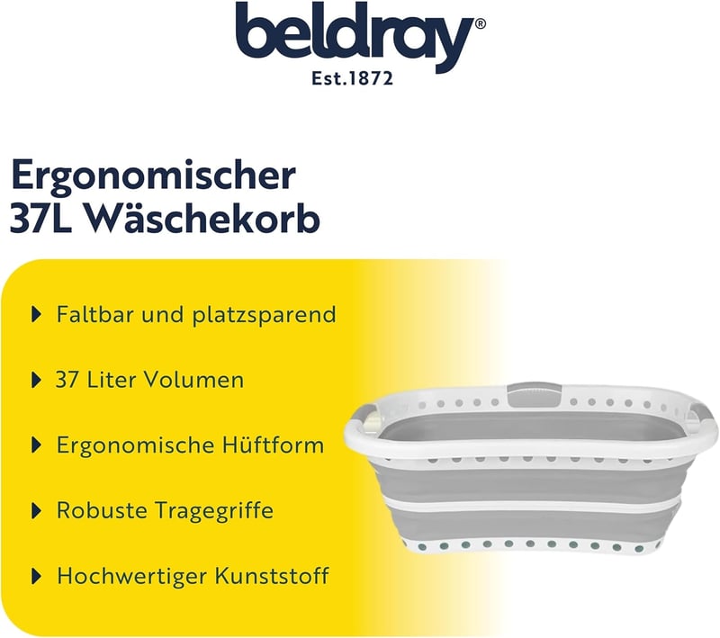 Beldray Összecsukható Szennyestartó 37L Ergonomikus Szürke Kétfüles Mosáskosár - Gray