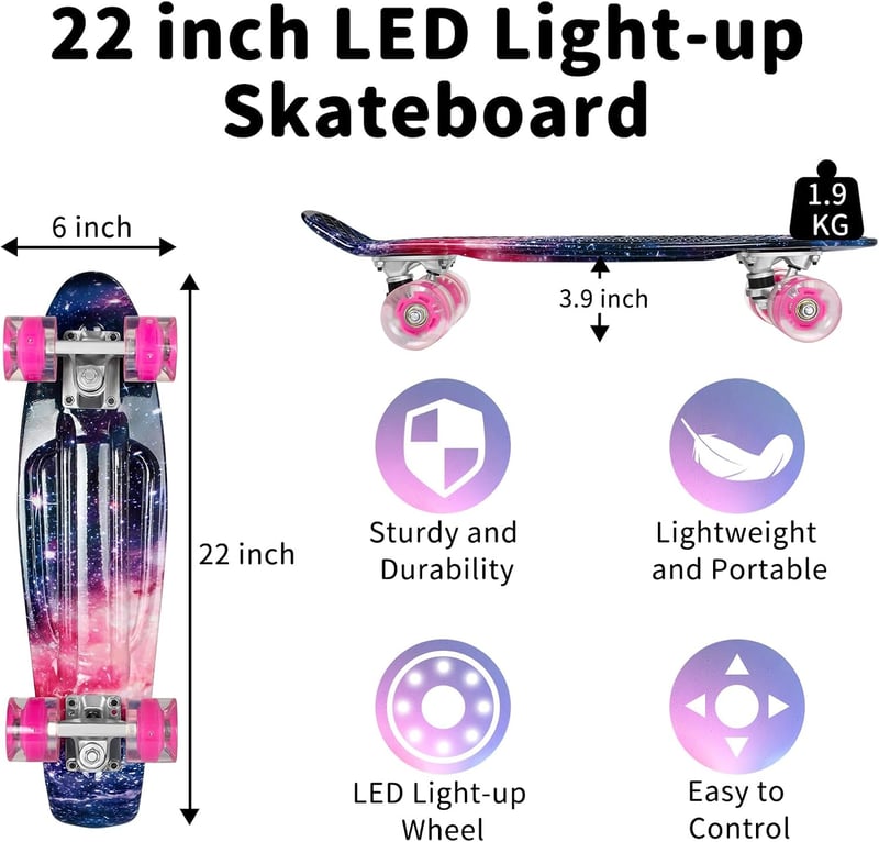 BELEEV 22 Inch Mini Cruiser Skateboard LED Kerekekkel Kezdőknek