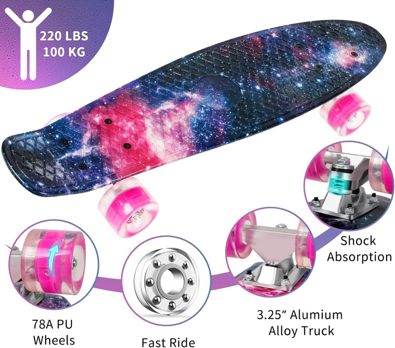 BELEEV 22 Inch Mini Cruiser Skateboard LED Kerekekkel Kezdőknek