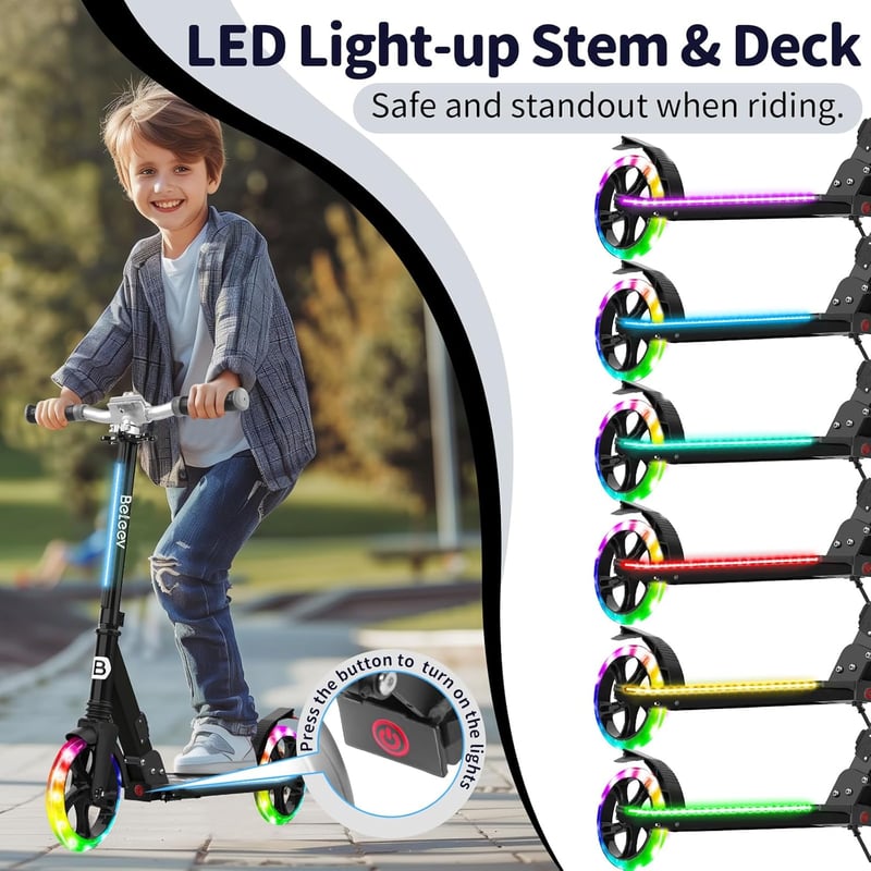 BELEEV LED világító roller 200mm kerékkel, magasságállítható, összecsukható, 6+ éveseknek