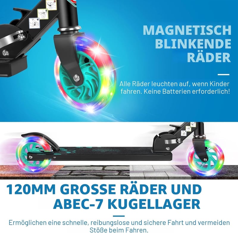 BELEEV Összecsukható Gyerekroller LED Világító Kerekekkel, 3 Fokozatú Magasságállítás, 3-12 Éves Korig - Black
