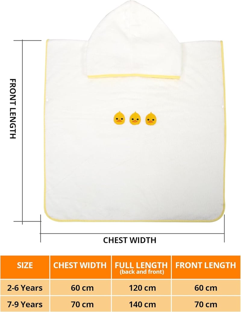 BeLikeFish Gyerek Fürdőponcho Fehér Kacsa 60x60cm Puha Korall Fleece 2-9 Év - 60x60cm, 2–6 Jahre, White Duckling