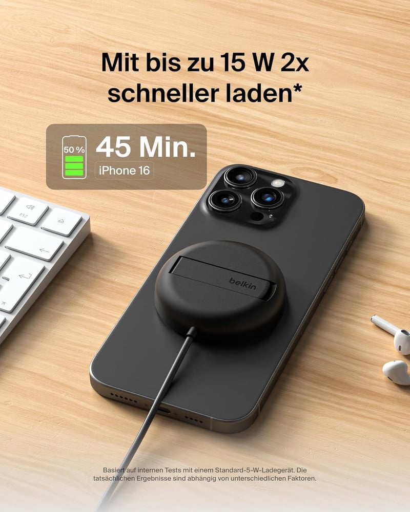 Belkin 15W MagSafe Mágneses Vezeték Nélküli Töltő Állvánnyal iPhone Samsung AirPods Qi2 Fekete - black