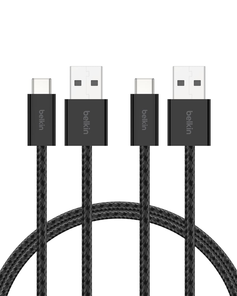 Set 2 cabluri de încărcare împletite Belkin USB-A la USB-C, 1,5 m, 15W, încărcare rapidă, compatibil cu iPhone 17/16, Galaxy S25, Pixel 10, iPad Pro, negru