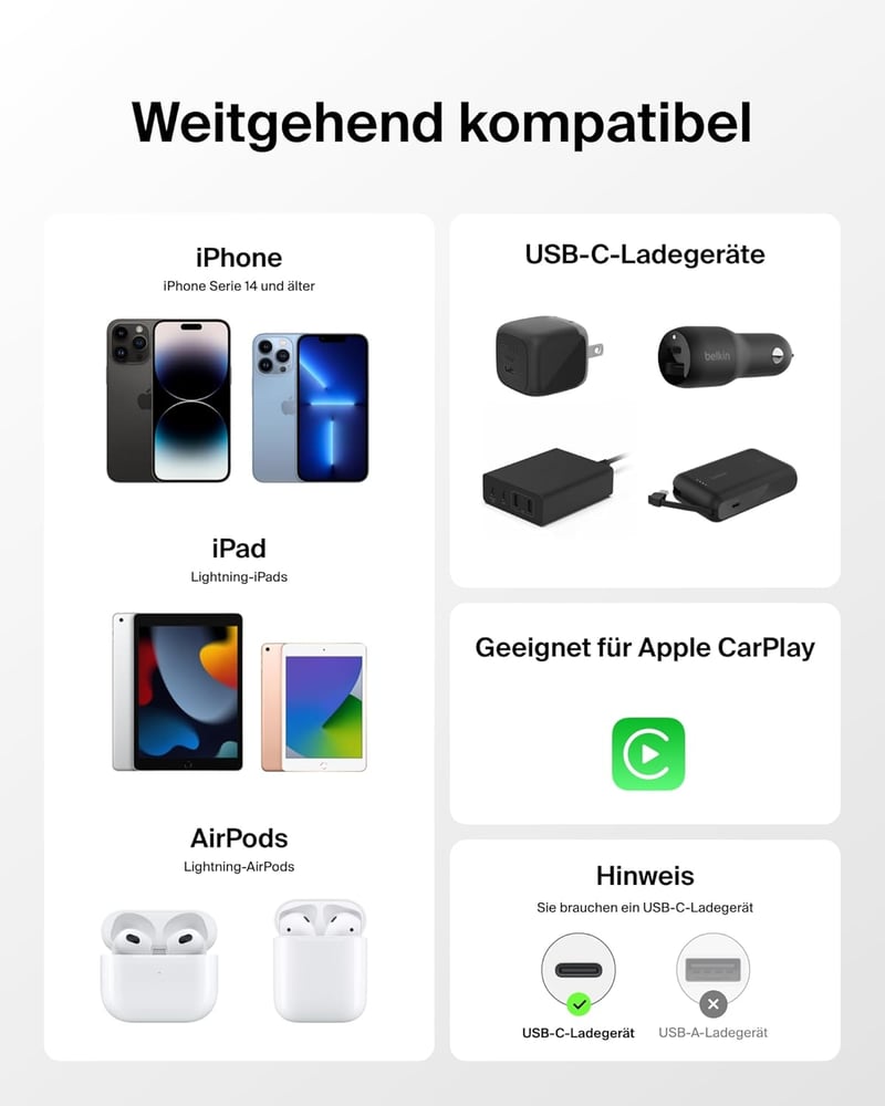 Belkin 2db USB-C Lightning kábel 1,5m fehér iPhone iPad AirPods gyorstöltés - White