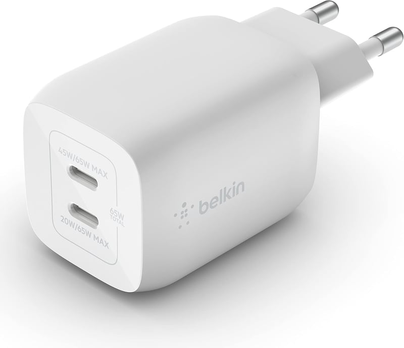 Belkin 65W USB-C hálózati töltő 2 porttal, GaN, Power Delivery 3.0 - fehér
