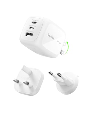 Nabíjačka Belkin 70W GaN USB-C, 3 porty (2× USB-C, 1× USB-A), rýchlonabíjačka – biela