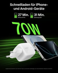 Nabíjačka Belkin 70W GaN USB-C, 3 porty (2× USB-C, 1× USB-A), rýchlonabíjačka – biela 4