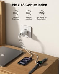 Nabíjačka Belkin 70W GaN USB-C, 3 porty (2× USB-C, 1× USB-A), rýchlonabíjačka – biela 2