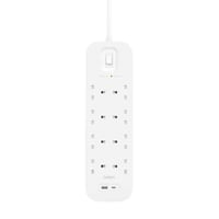 Multipriză cu protecție la supratensiune Belkin, 8 prize, montabilă pe perete, cablu 2 m, încărcare rapidă USB-C PD și port USB-A, indicator luminos verde 3