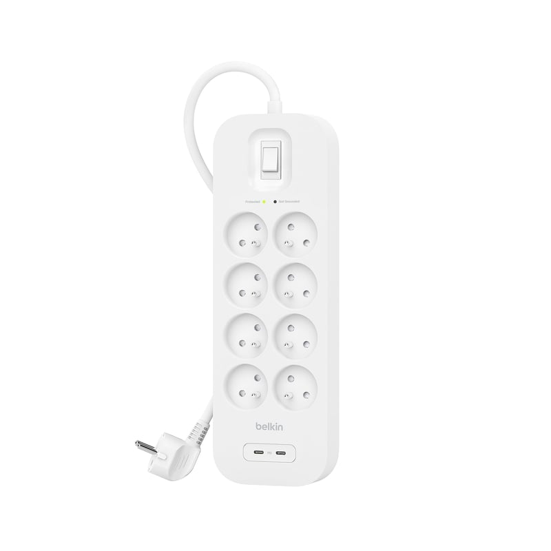 Belkin 8-zásuvková prepäťová ochrana s 2 USB-C portmi, rýchle nabíjanie, 2 m kábel, možnosť montáže na stenu, ochrana 900 joulov