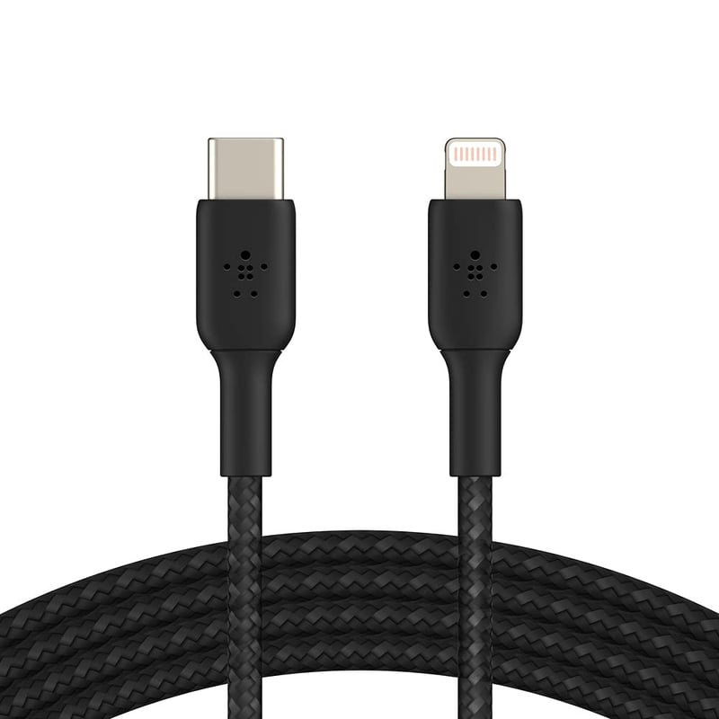 Cablu USB-C la Lightning împletit Belkin Boost Charge cu certificare MFi pentru iPhone 14 și modele mai vechi, Încărcare Rapidă, 2 m, Negru
