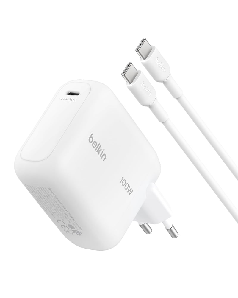 Rýchlonabíjačka Belkin BoostCharge 100W GaN USB-C pre iPhone 17, Samsung Galaxy S26, MacBook, s 1,5 m káblom, biela