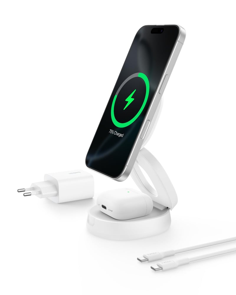 Belkin BoostCharge 2 v 1 skladacia bezdrôtová nabíjacia stanica kompatibilná s Qi2 MagSafe pre iPhone, AirPods, vrátane 30W adaptéra
