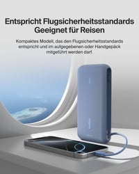 Belkin BoostCharge 20 000 mAh powerbank so vstavaným USB-C káblom, modrá – nabíjanie 3 zariadení súčasne, 30 W, vhodná do lietadla 6