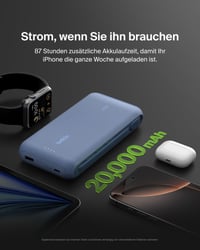 Belkin BoostCharge 20 000 mAh powerbank so vstavaným USB-C káblom, modrá – nabíjanie 3 zariadení súčasne, 30 W, vhodná do lietadla 5