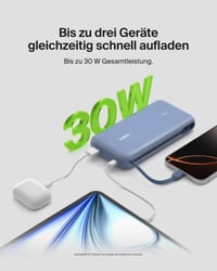Belkin BoostCharge 20 000 mAh powerbank so vstavaným USB-C káblom, modrá – nabíjanie 3 zariadení súčasne, 30 W, vhodná do lietadla 3