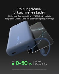 Belkin BoostCharge 20 000 mAh powerbank so vstavaným USB-C káblom, modrá – nabíjanie 3 zariadení súčasne, 30 W, vhodná do lietadla 2