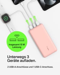 Power bank Belkin BoostCharge 20000 mAh s portmi USB-C a USB-A, LED displejom, nabíjaním 3 zariadení súčasne, 15 W, ružové zlato 2