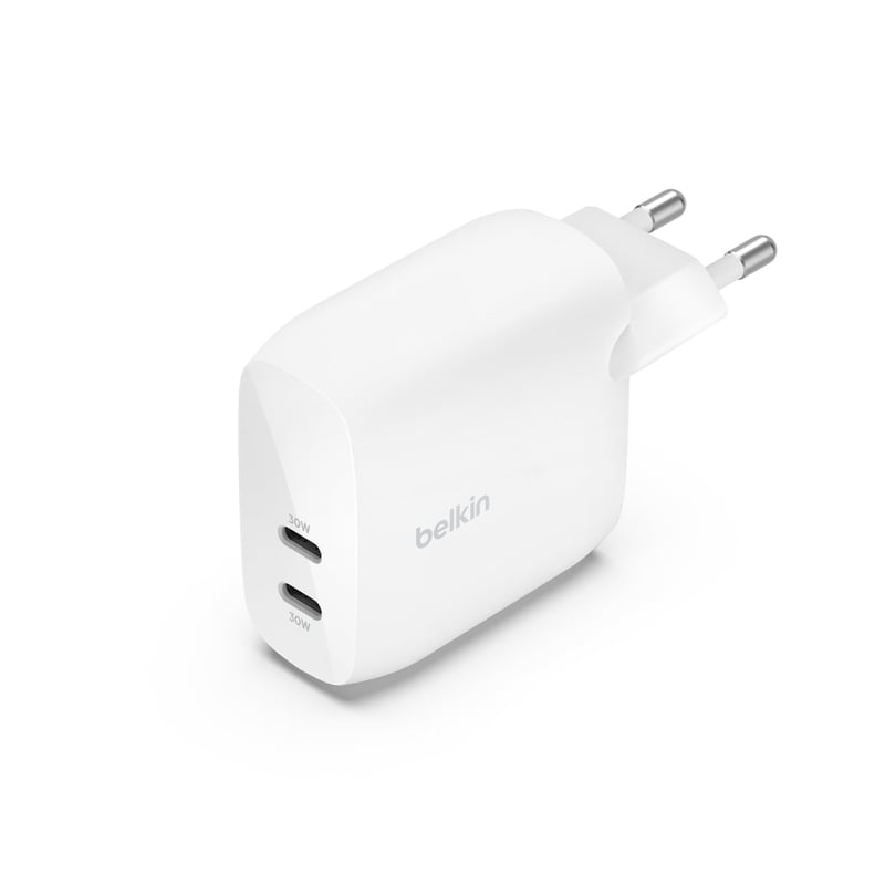 Nabíjačka Belkin BoostCharge 60W USB-C, 2 porty, rýchlonabíjačka PPS, 2x30W, kompatibilná s iPhone, Samsung, Pixel, iPad, kompaktná cestovná nabíjačka