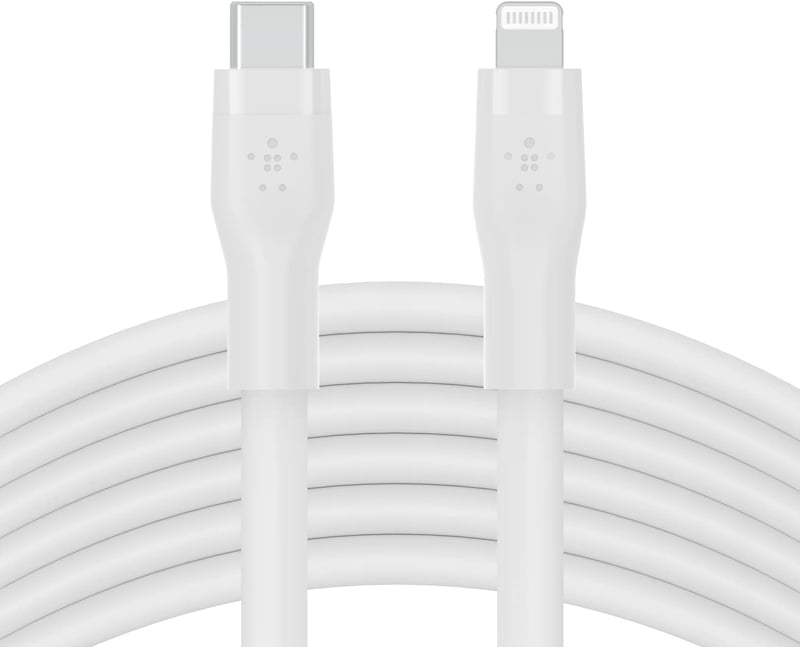 Silikónový kábel Belkin BoostCharge Flex USB-C/Lightning 3 m, certifikácia MFi, rýchle nabíjanie PD Power Delivery 20 W, iPhone 14/13/12/SE – biely