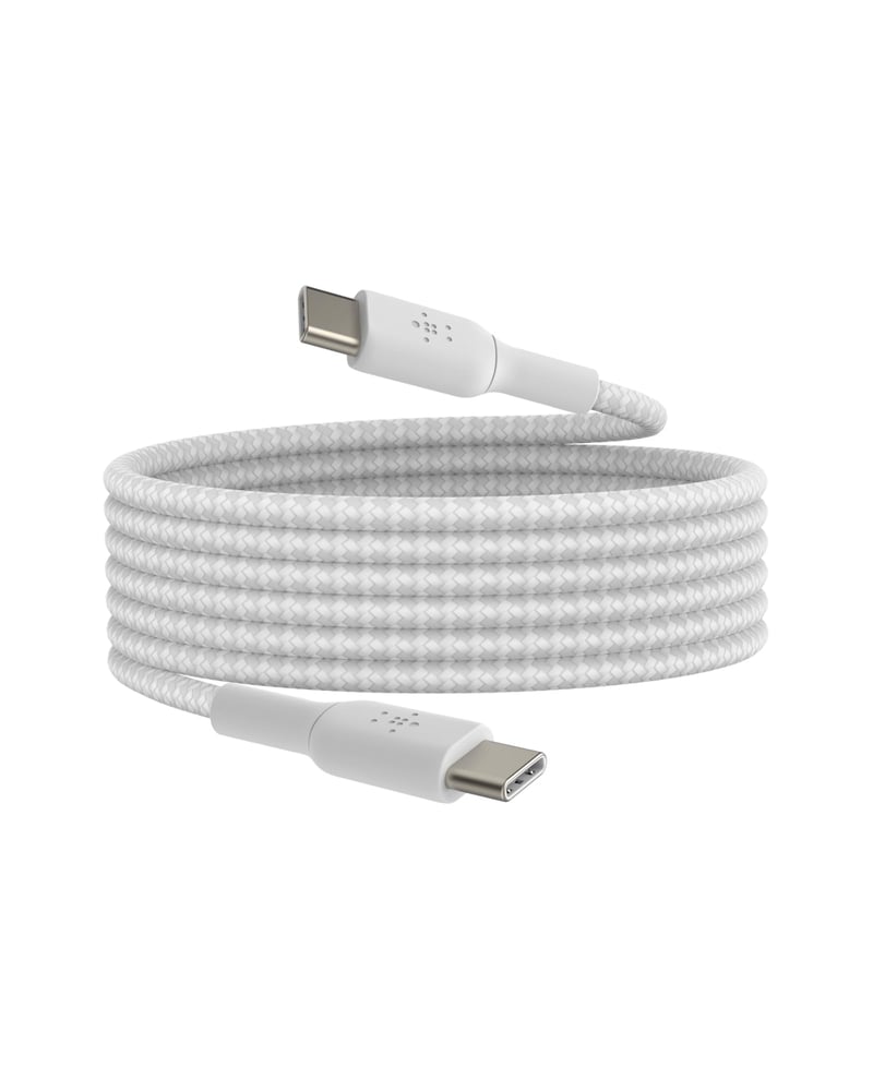 Opletený kábel Belkin BoostCharge USB-C – USB-C, 2 m, kompatibilný s iPhone 16/15, Galaxy S24/S23, Pixel 9/8, iPad Pro – biely