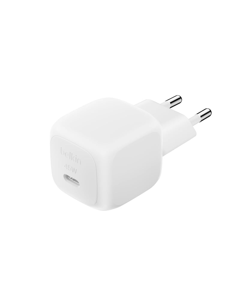Încărcător de rețea compact Belkin BoostCharge 45W USB-C PD încărcare rapidă pentru iPhone 17 16 15 Samsung Galaxy Google Pixel iPad AirPods - Alb