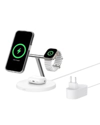 Belkin BoostCharge Pro 3-v-1 bezdrôtová nabíjačka Qi2, kompatibilná s MagSafe, nabíjacia stanica pre iPhone 17/16/Air, Apple Watch, AirPods, napájací adaptér 1