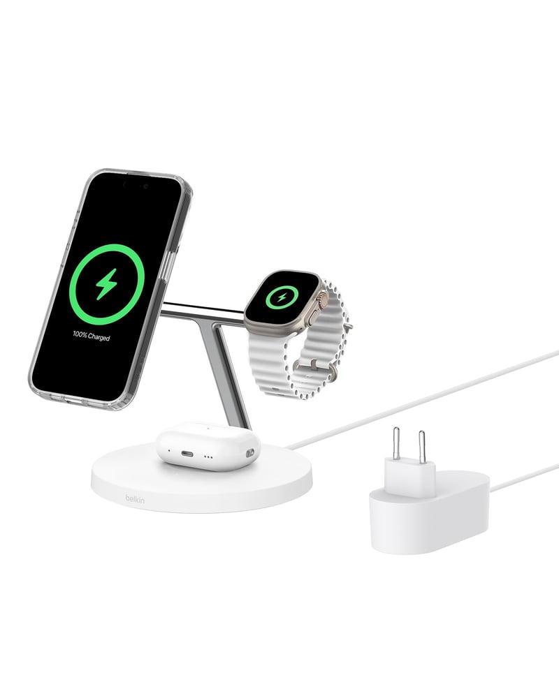 Belkin BoostCharge Pro 3-v-1 bezdrôtová nabíjačka Qi2, kompatibilná s MagSafe, nabíjacia stanica pre iPhone 17/16/Air, Apple Watch, AirPods, napájací adaptér