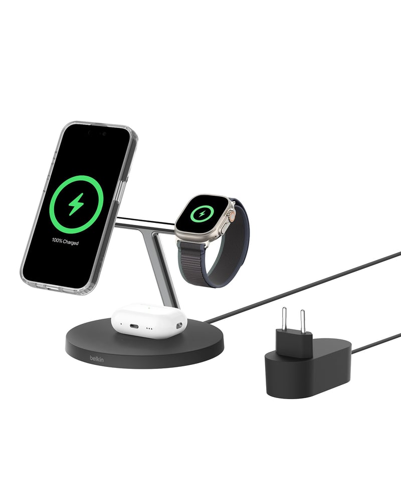 Nabíjacia stanica Belkin BoostCharge Pro 3 v 1 s bezdrôtovým nabíjaním Qi2, kompatibilná s MagSafe, nabíjačka pre iPhone 16, Apple Watch a AirPods, 40 W napájací adaptér