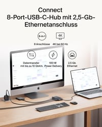 Hub USB-C Belkin Connect 8-în-1, 4K 60Hz, 100W PD, transfer de date 10Gbps, Ethernet 2,5G, compatibil Mac, Windows, Chromebook, negru 2