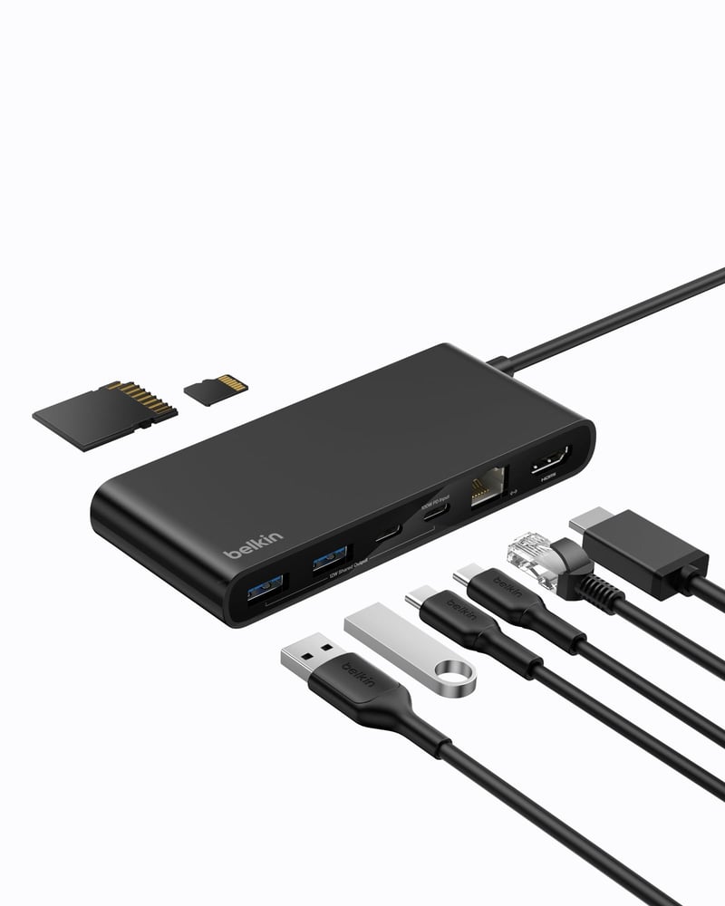 Hub USB-C Belkin Connect 8-în-1, 4K 60Hz, 100W PD, transfer de date 10Gbps, Ethernet 2,5G, compatibil Mac, Windows, Chromebook, negru