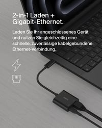 Adaptor Belkin Connect USB-C la Ethernet cu încărcare 100W, Gigabit (10/100/1000 Mbps), negru, compatibil cu iPhone 16 și Samsung Galaxy S24 2