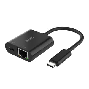 Belkin Connect USB-C Ethernet adaptér so 100W nabíjaním, Gigabit (10/100/1000 Mbps), čierny, kompatibilný s iPhone 16 a Samsung Galaxy S24