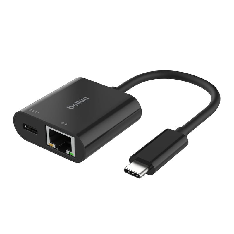 Adaptor Belkin Connect USB-C la Ethernet cu încărcare 100W, Gigabit (10/100/1000 Mbps), negru, compatibil cu iPhone 16 și Samsung Galaxy S24