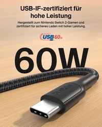 Opletený kábel Belkin Gaming USB-C – USB-C, 60 W, 2 m, čierny – rýchle nabíjanie pre Nintendo Switch 2, iPhone 16/15, iPad, MacBook Air, Samsung Galaxy S25 Ultra 5