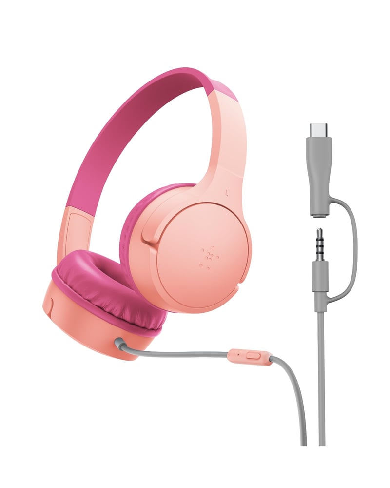 Káblové detské slúchadlá Belkin SoundForm Mini, adaptér USB-C na 3,5 mm jack, vstavaný mikrofón, obmedzenie hlasitosti 85 dB, pre iPhone, iPad a Galaxy