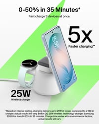 Stație de încărcare wireless Belkin Ultracharge 3-în-1 Qi2.2 de 25W cu port USB-C pentru Samsung Galaxy S25, Galaxy Watch, Pixel 10 și Apple Watch, cu adaptor de 45W inclus 5