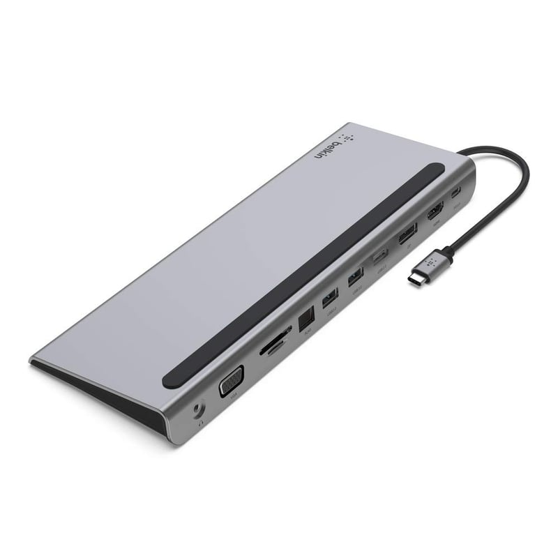 Adaptor Hub USB-C Belkin 11 în 1 MultiPort Docking Station 4K HDMI DisplayPort VGA încărcare 100W 3x USB-A Gigabit Ethernet SD MicroSD Jack 3,5 mm MacBook Pro Air XPS