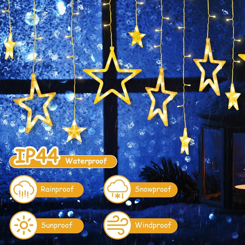 BellaAchtung 2,3m 138 LED Csillag Függöny Meleg Fehér Karácsony Dekoráció Időzítővel