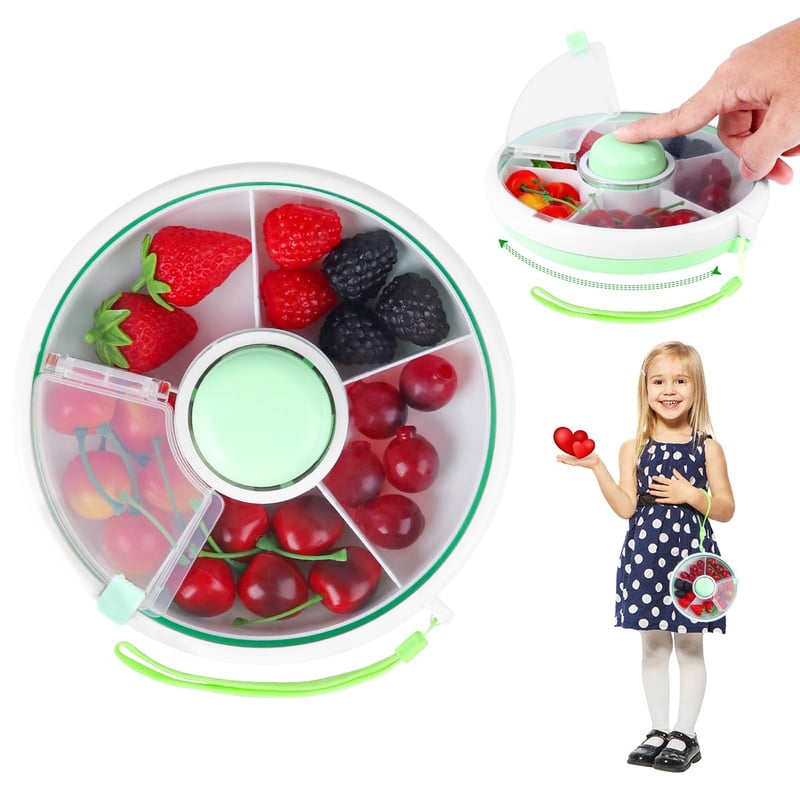 Cutie pentru gustări BellaGesundheit cu 5 compartimente rotative, cu capac, organizator verde pentru copii, pentru fructe, nuci, dulciuri, picnicuri și petreceri