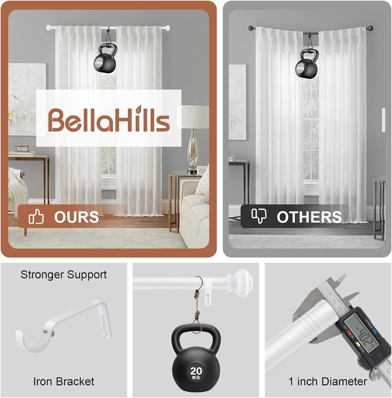 BellaHills 76-230 cm Teleszkópos Függönykarnis 25 mm Fehér 2 db Konzollal