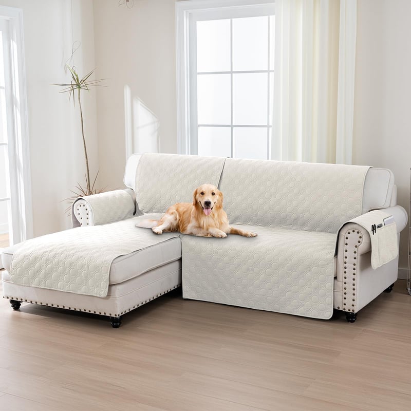 Husă de protecție pentru canapea BellaHills pentru 1-2-3-4 persoane și canapea de colț în formă de L (205 cm), 100% impermeabilă, antiderapantă, pentru câini și animale de companie, bej