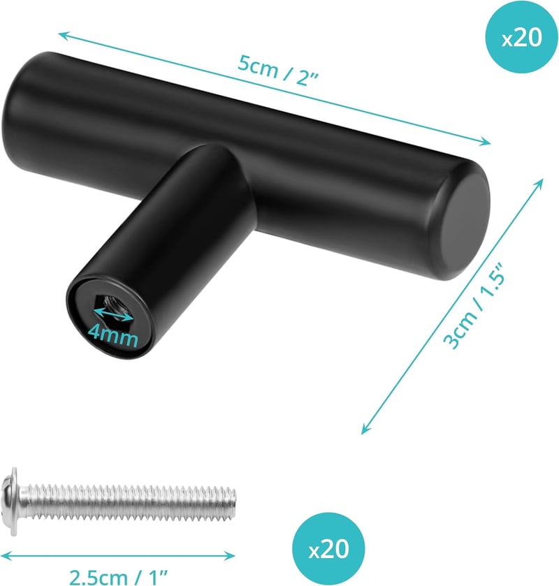 BELLE VOUS Fekete Bútorfogantyú Szett 20 db - 50mm T-Fogantyú Rozsdamentes Acél Konyhai Szekrény Fiók Ajtó Bútor Kilincs