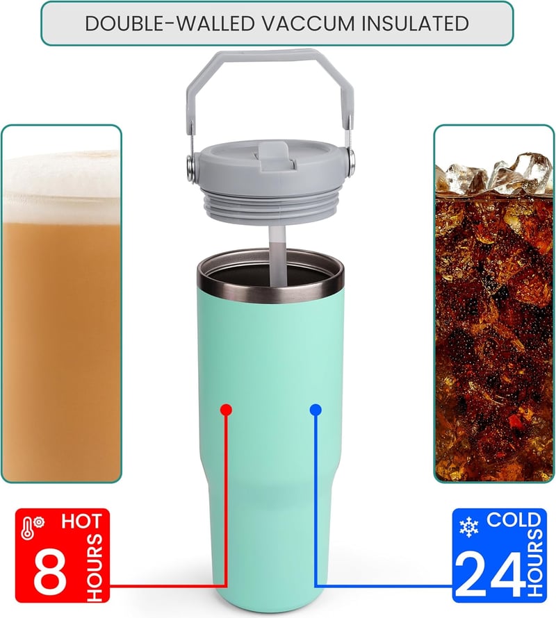 Belle Vous Rozsdamentes Termikus Bögre Szívószállal 880ml - Vákuum Kávés Pohár Forró és Hideg Italokhoz - Világoskék