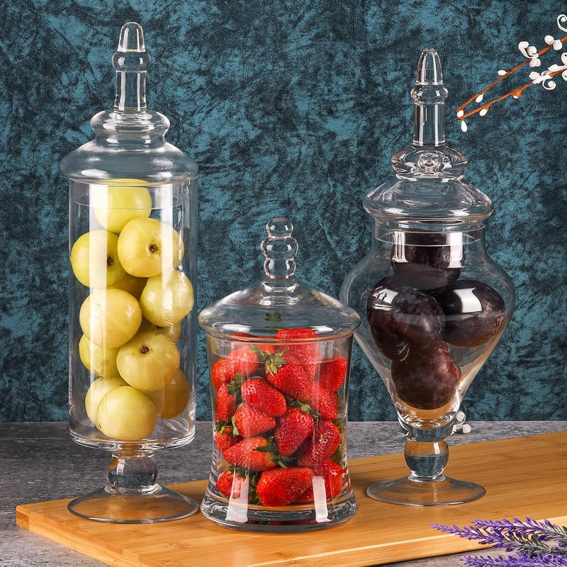BELLE VOUS Viktoriánus stílusú dekoratív üveg cukordoboz fedővel 3 db, vintage tároló édességhez, sütinek, esküvői dekorhoz