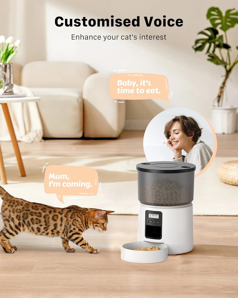 BEMOONY 5L Automata Macskaeledel Adagoló Programozható Időzítővel, 1-6 Adag Napi, Hangfelvétel Fehér