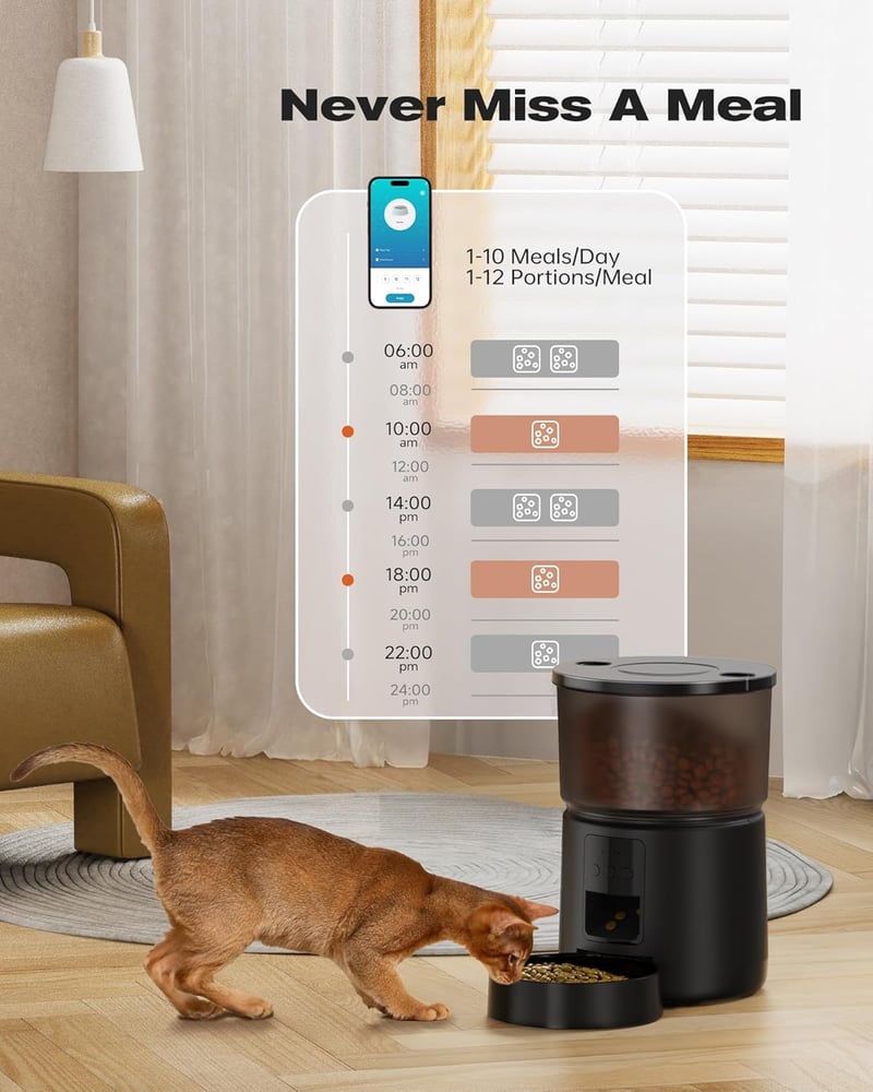 BEMOONY Automata Macska Kutya Etetőgép WiFi Applikációval - 3L Száraztáp Adagoló Hangrögzítéssel - Fekete